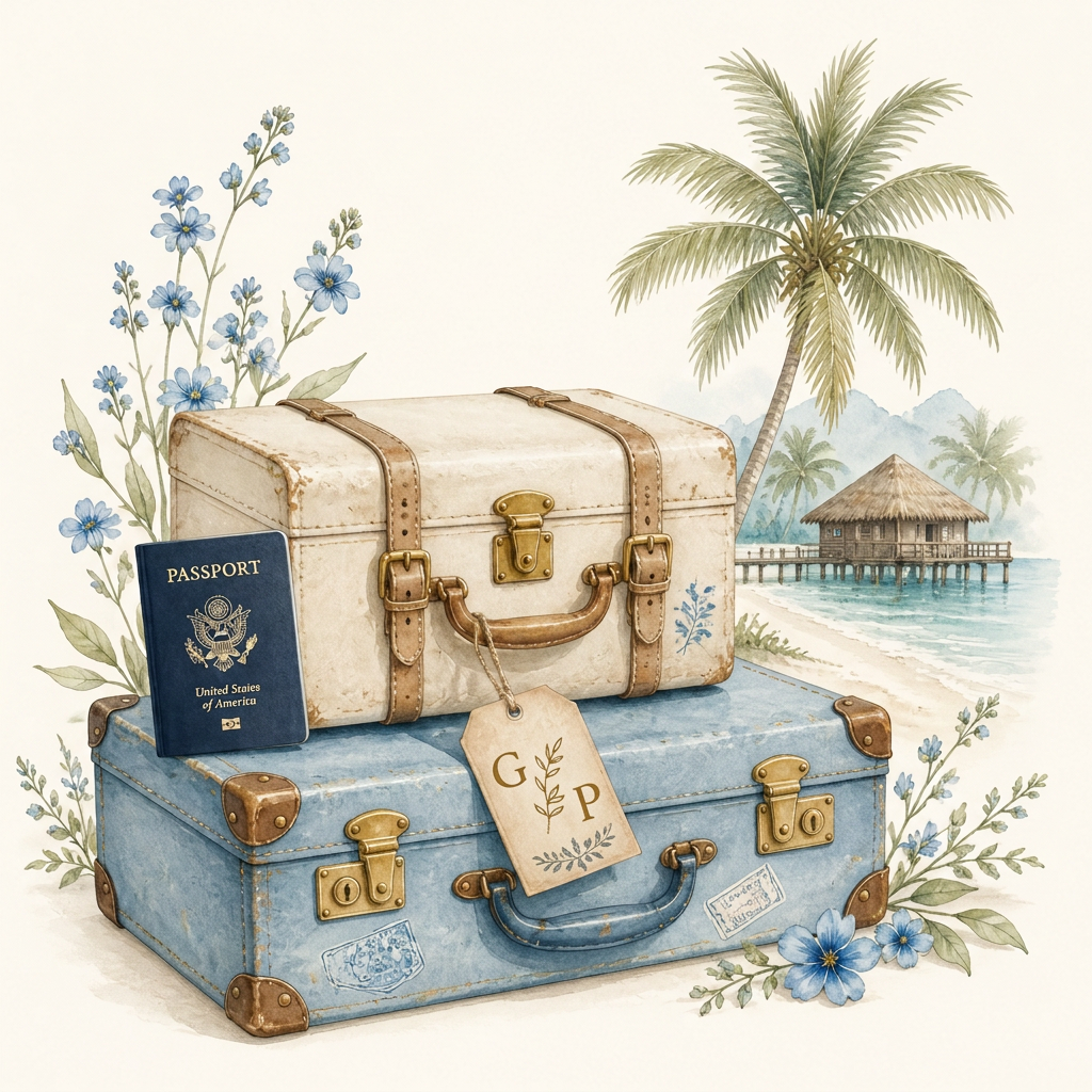 Illustrated vintage suitcases with passport and adventure awaits tag