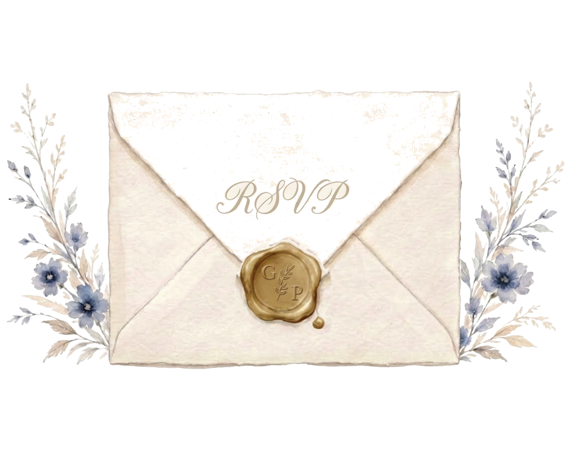 RSVP envelope with gold wax seal and blue floral sprigs