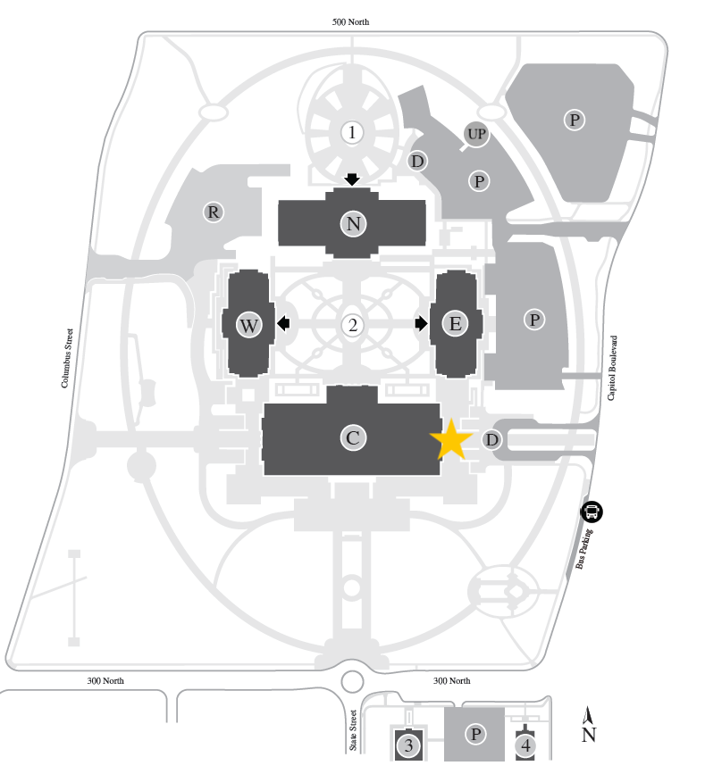 Map of parking areas around the Utah State Capitol, with the reception drop-off marked on the east side