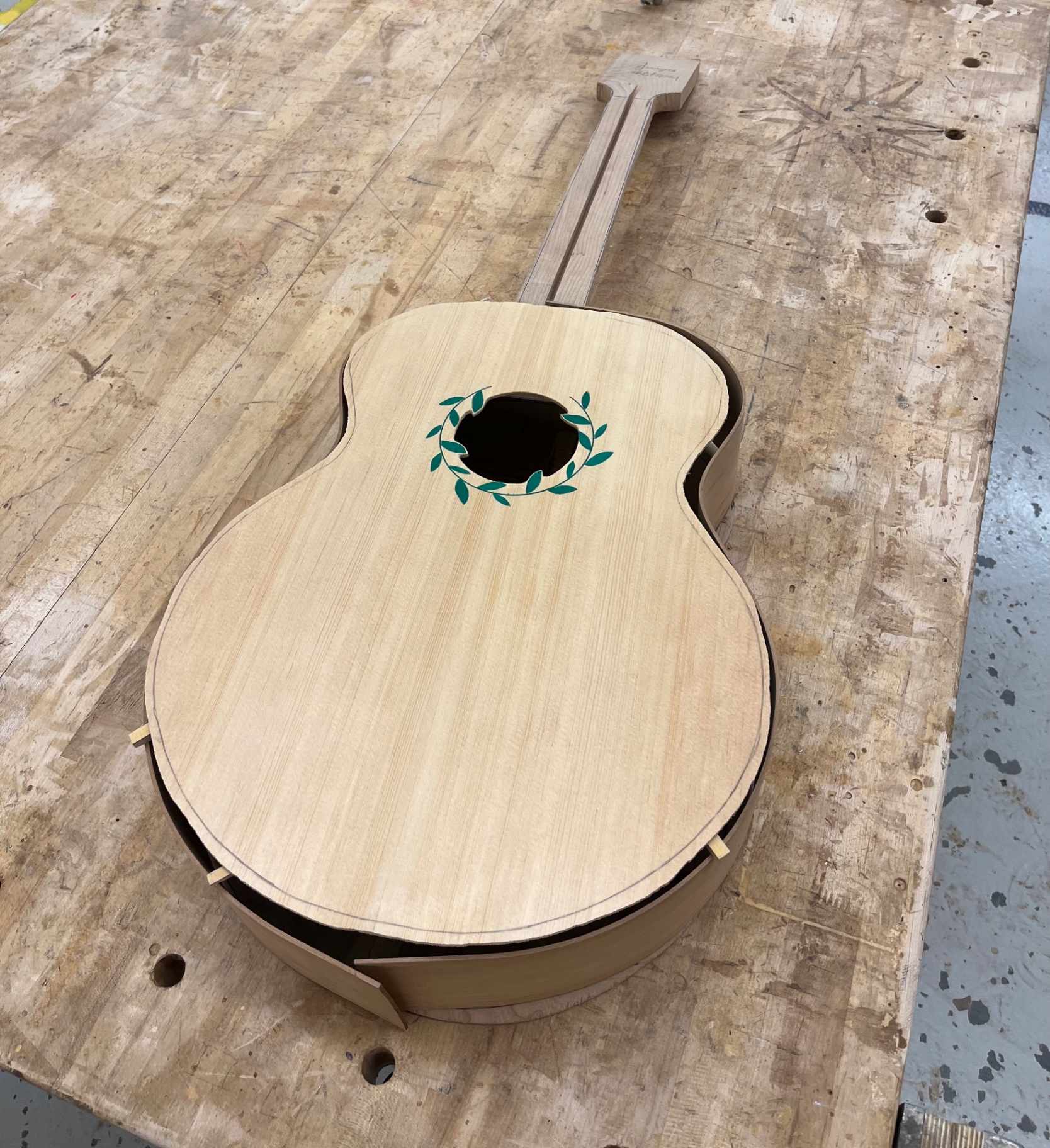 Handmade guitar in the woodshop
