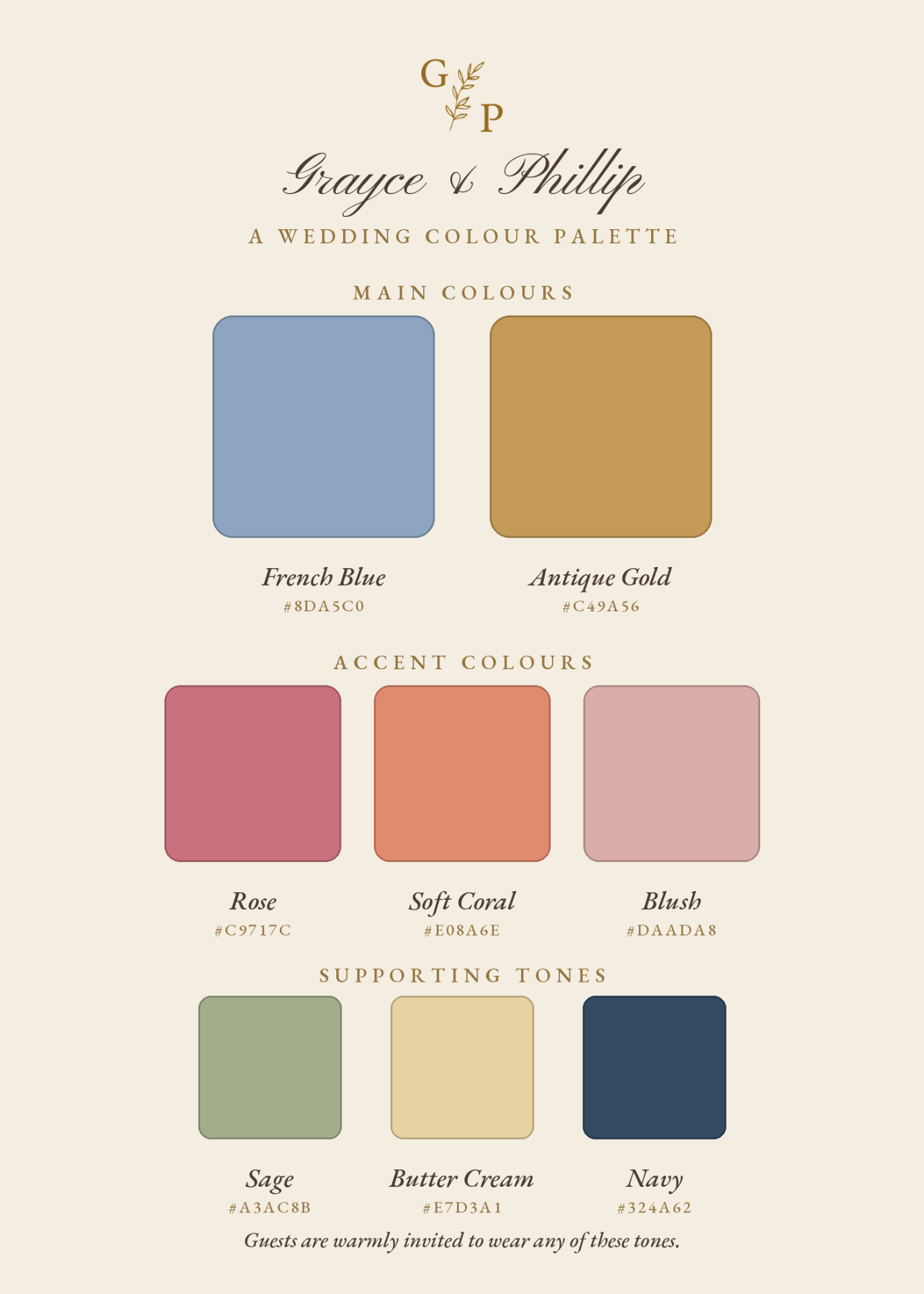 Wedding color palette showing French Blue, Antique Gold, Rose, Soft Coral, Blush, Sage, Butter Cream, and Navy